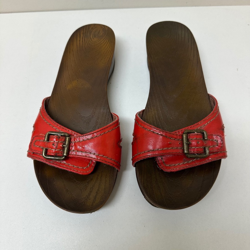 Dr Scholls Vintage Wooden Slide Sandals Red Buckle Wedge Clogs Womens 8